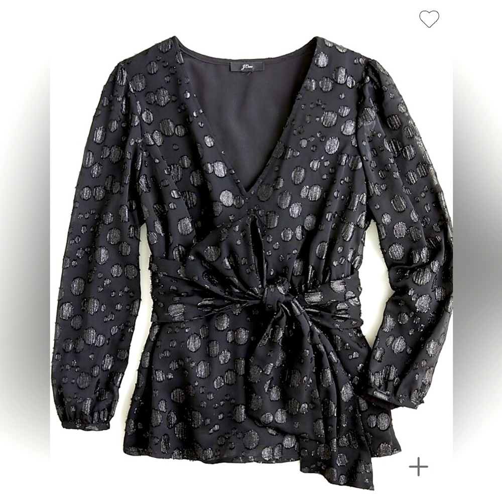 NWT J.Crew Tie-waist V-neck top in metallic dot jacquard. Black and metallic XXS